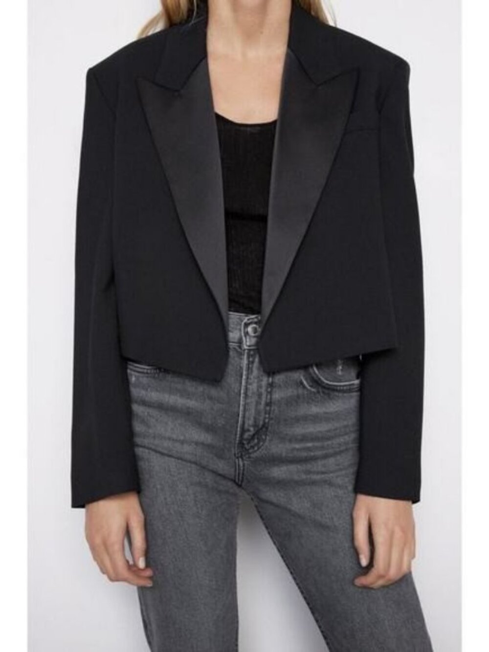 Zara cropped tie back tuxedo blazer black women's size 36 NWT